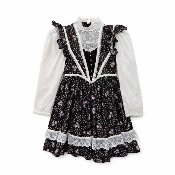 Unbranded Other - Vintage Girls Prairie Dress 1980s Black Floral Lace Victorian Style Size 6/7